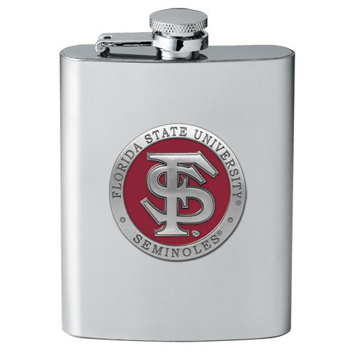 Stainless steel flask with Florida State University logo on a white background