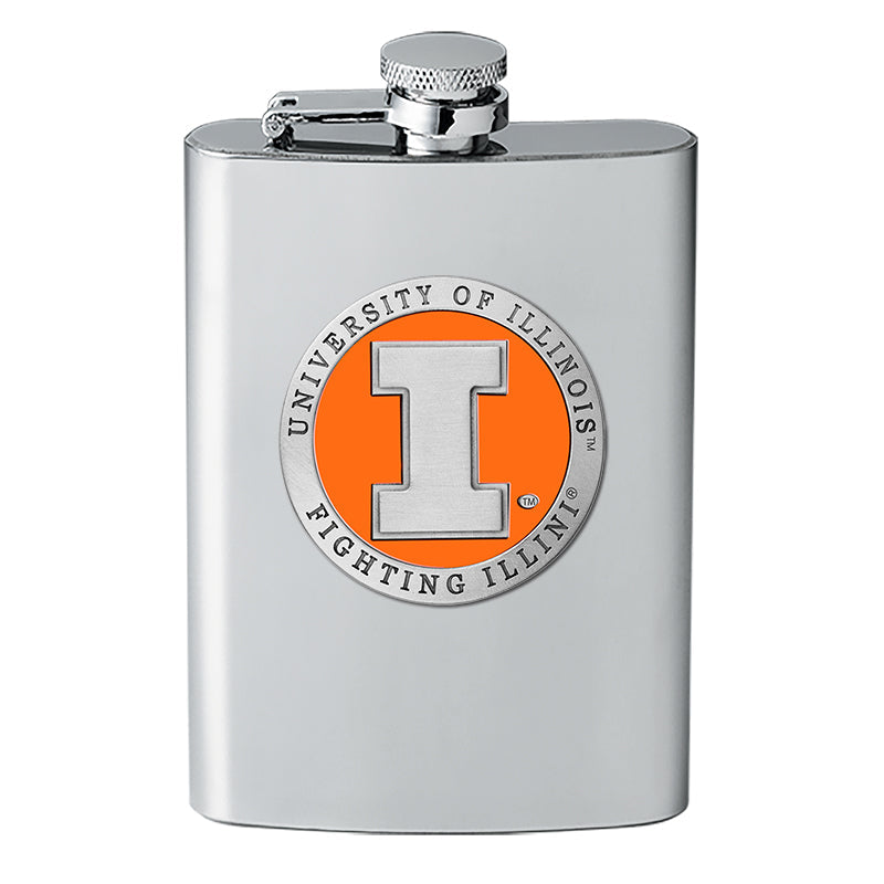 Stainless steel flask with University of Illinois logo on a white background