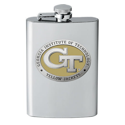 Stainless steel flask with Georgia Institute of Technology Yellow Jackets logo on a white background