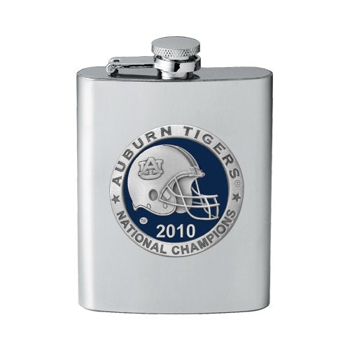 Stainless steel flask with Auburn Tigers 2010 national champions emblem on a white background