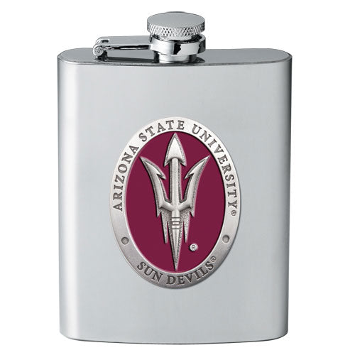 Stainless steel flask with Arizona State University logo on a white background