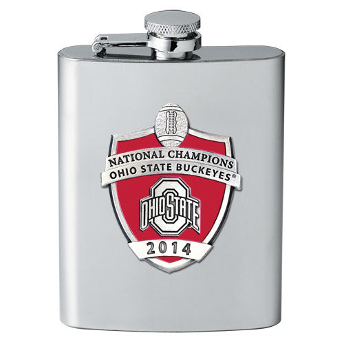 Stainless steel flask with Ohio State Buckeyes national champions emblem on a white background
