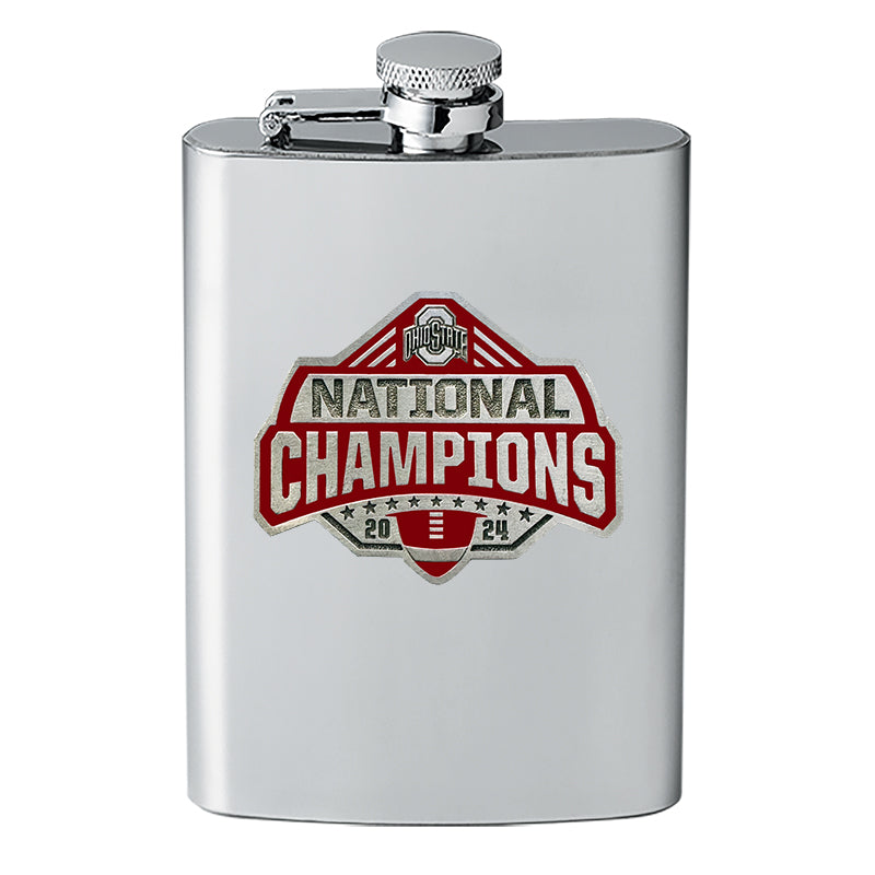 Stainless steel flask with 'National Champions' design on a white background