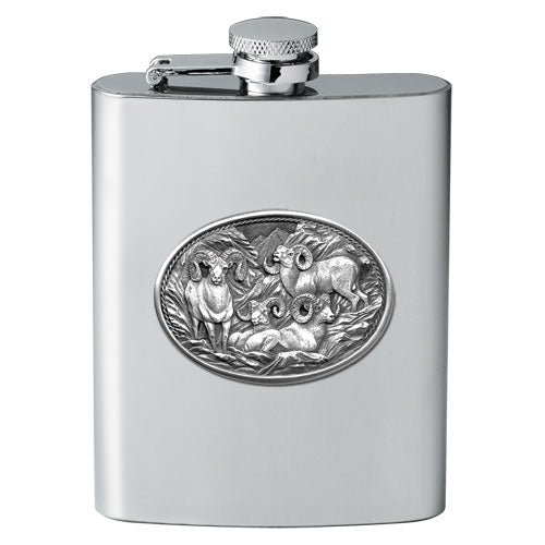 Bighorn Sheep 8oz Stainless Steel Flask - Fine Pewter Wildlife Casting - Made in USA