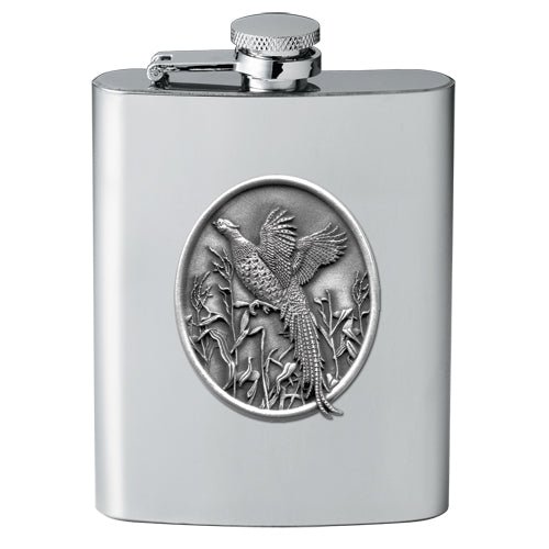 Pheasant 8oz Stainless Steel Flask - Fine Pewter Wildlife Casting - Made in USA