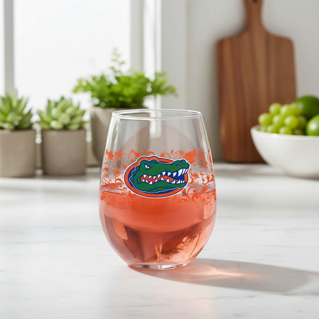 A clear stemless wine glass with a floral pattern featuring the University of Florida Gators logo in orange and blue colors.