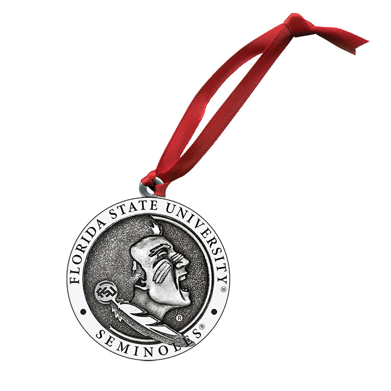 Florida State University ornament with red ribbon on a white background