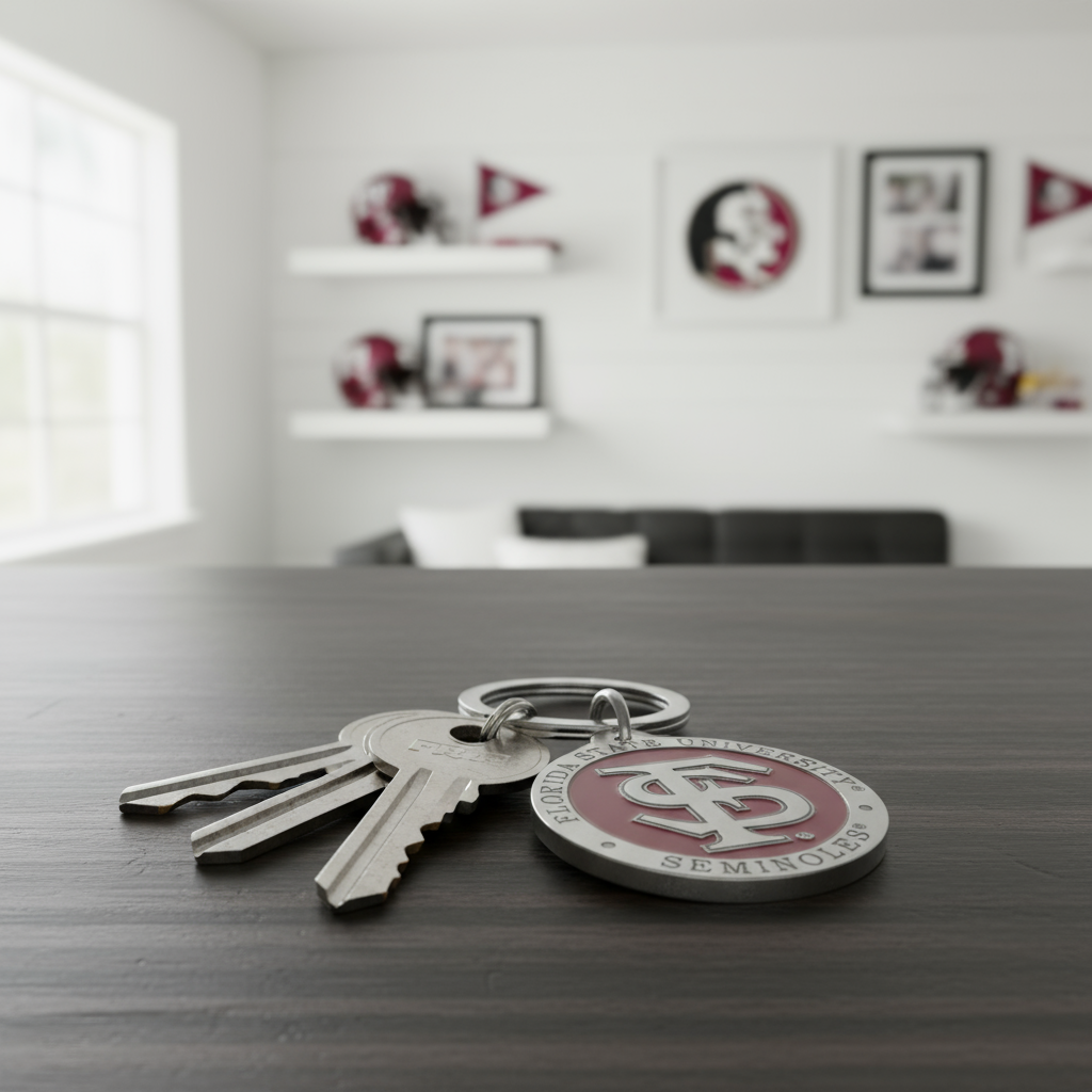 Florida State University keychain with red and silver design on a white background