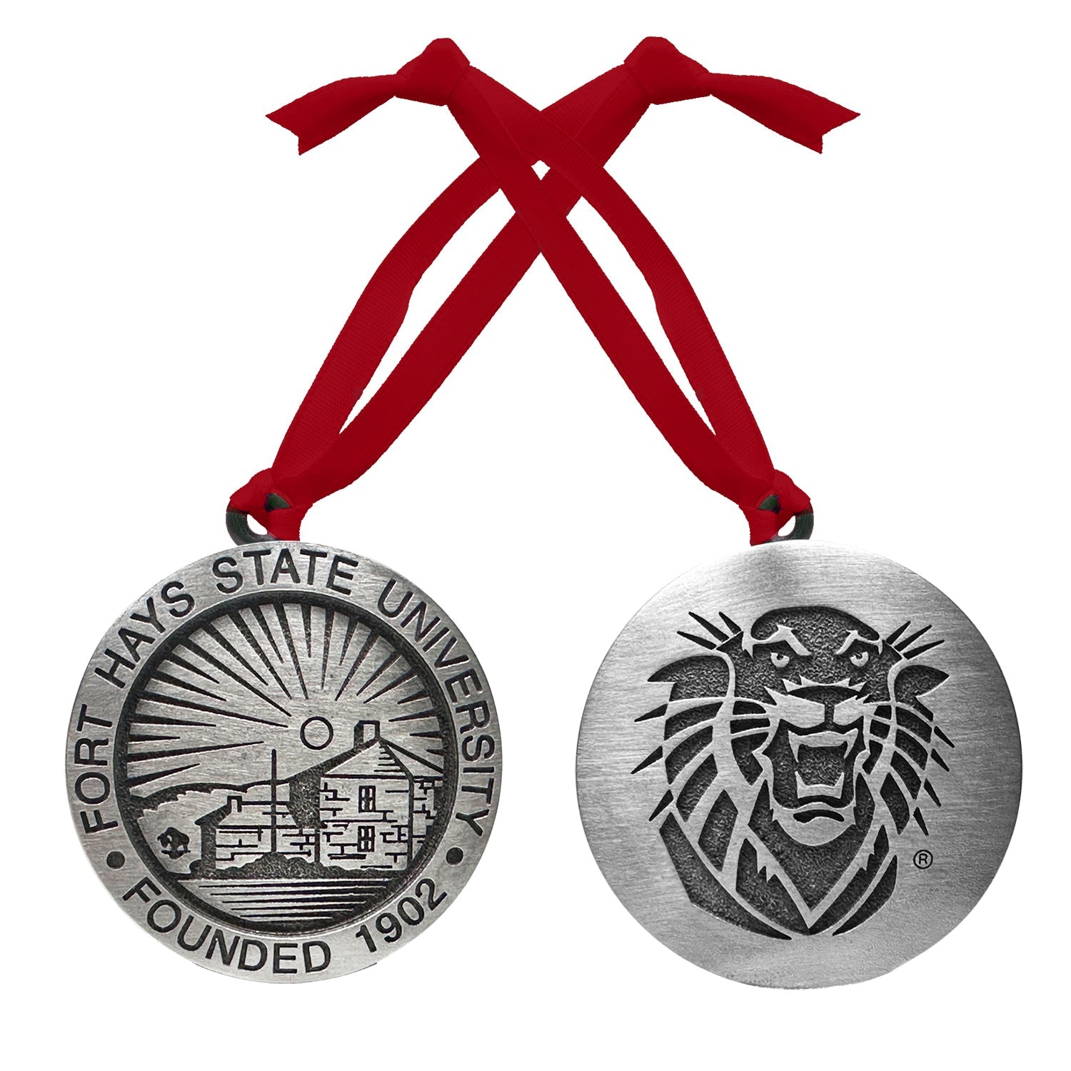 Medal with Fort Hays State University logo and red ribbon on a white background