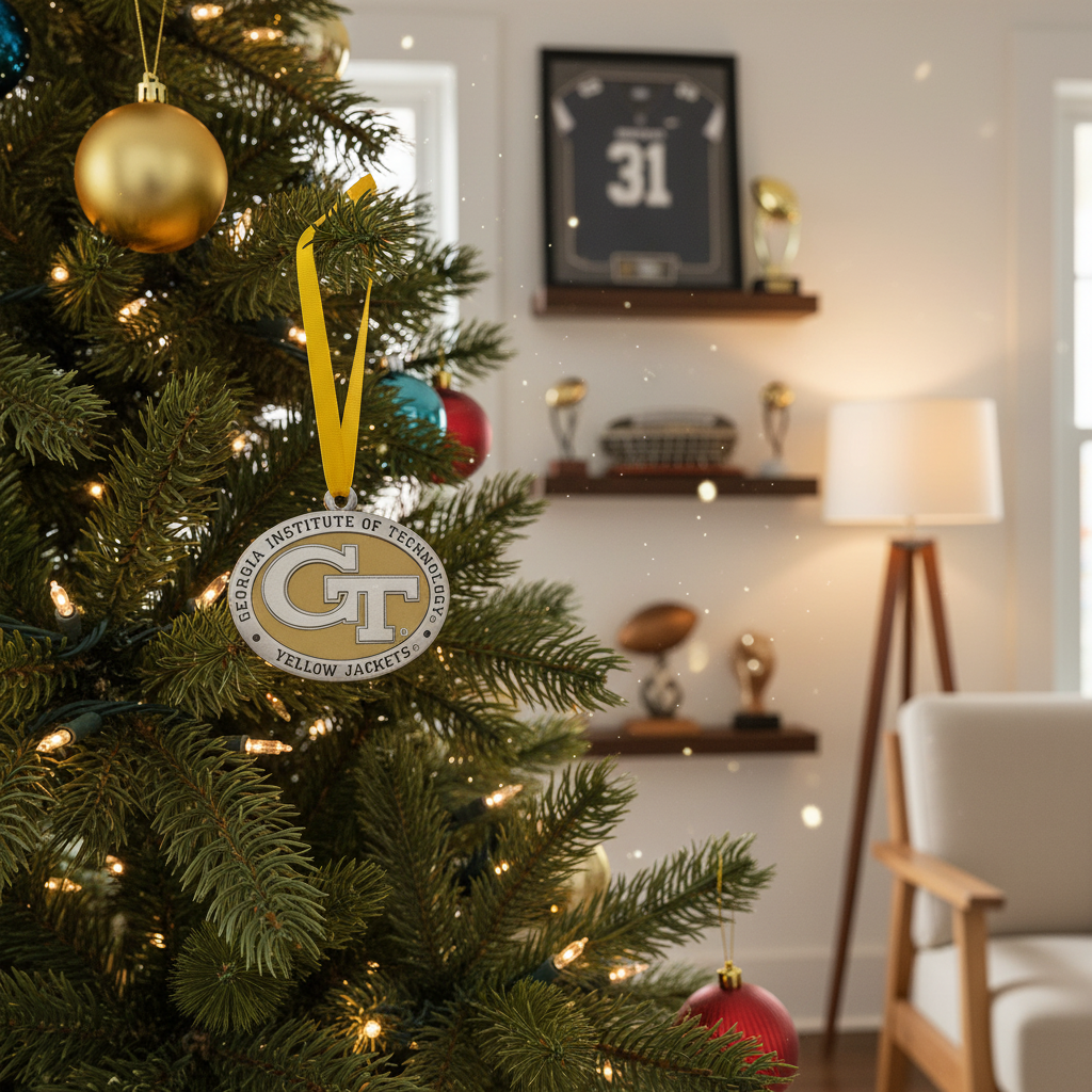 Georgia Institute of Technology ornament with yellow ribbon on a white background