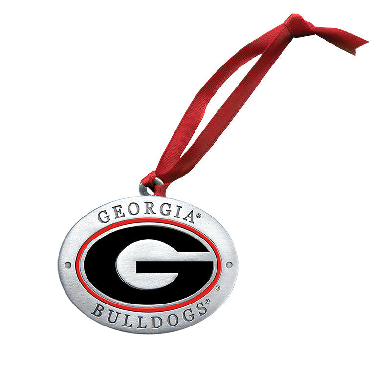 Georgia Bulldogs ornament with red ribbon on a white background
