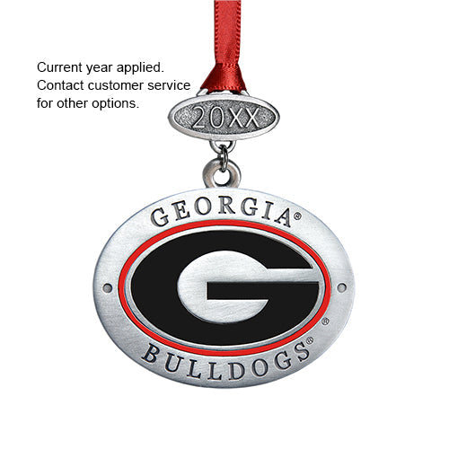 Georgia Bulldogs ornament with red ribbon on a white background