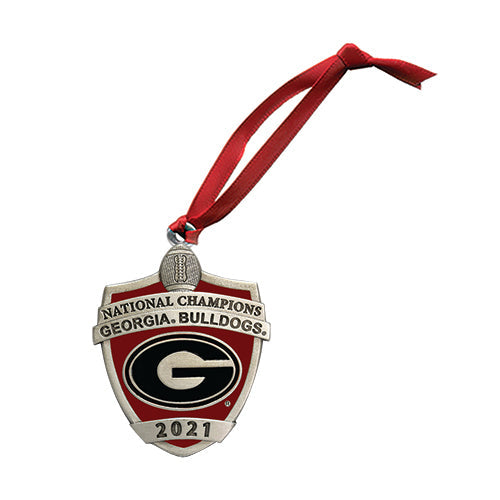 Decorative ornament for Georgia Bulldogs with red ribbon on a white background
