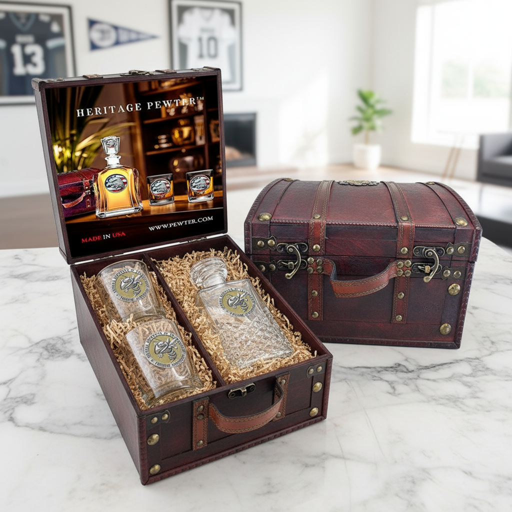 Georgia Tech Buzz Logo Heritage Decanter Set w/ 2 Glasses & Large Chest Box