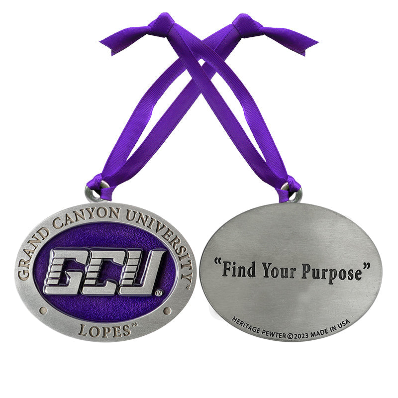 Medal with Grand Canyon University logo and 'Find Your Purpose' text on a purple ribbon.