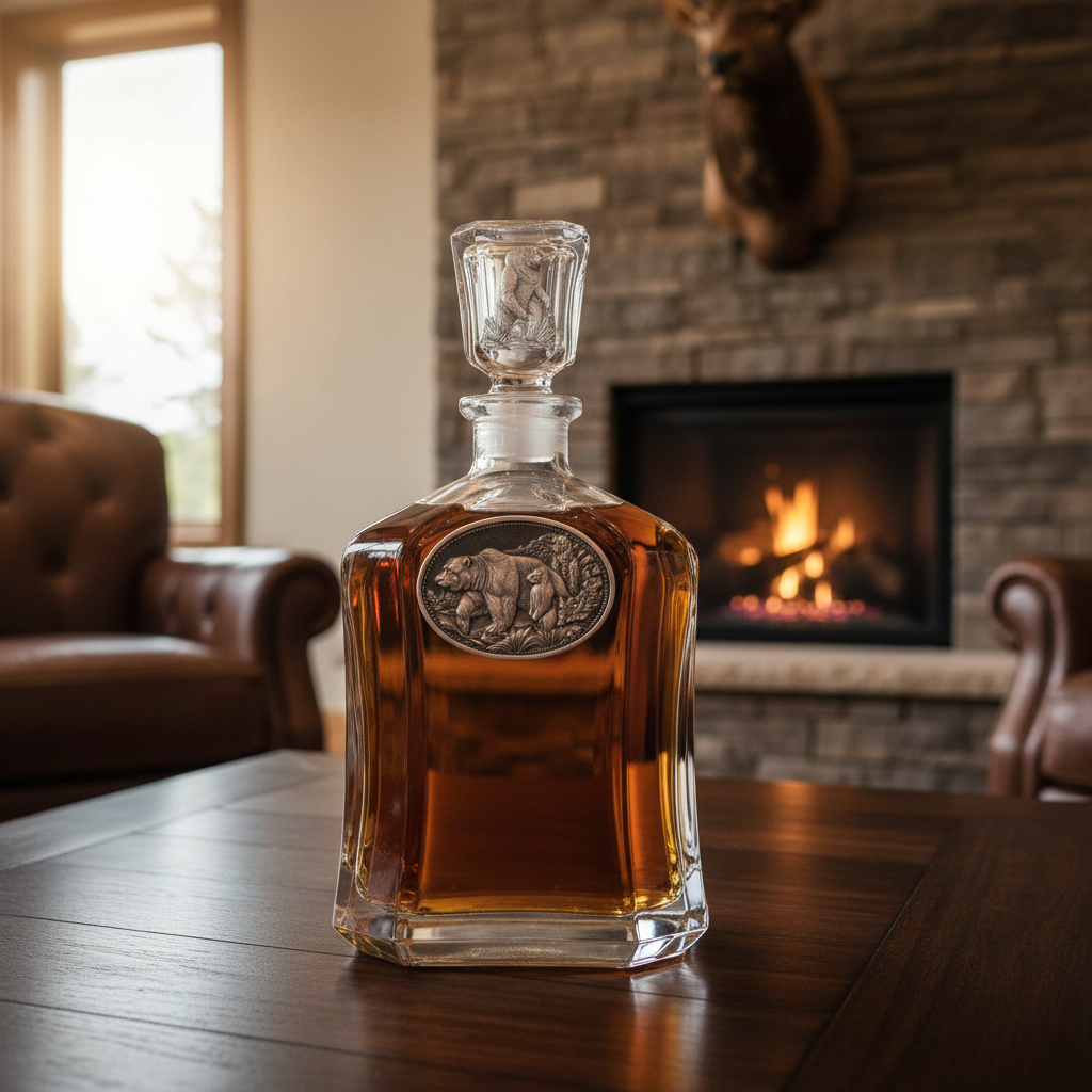 Grizzly Bear Whiskey Capitol Decanter - 24oz with Fine Pewter Casting - Made in USA