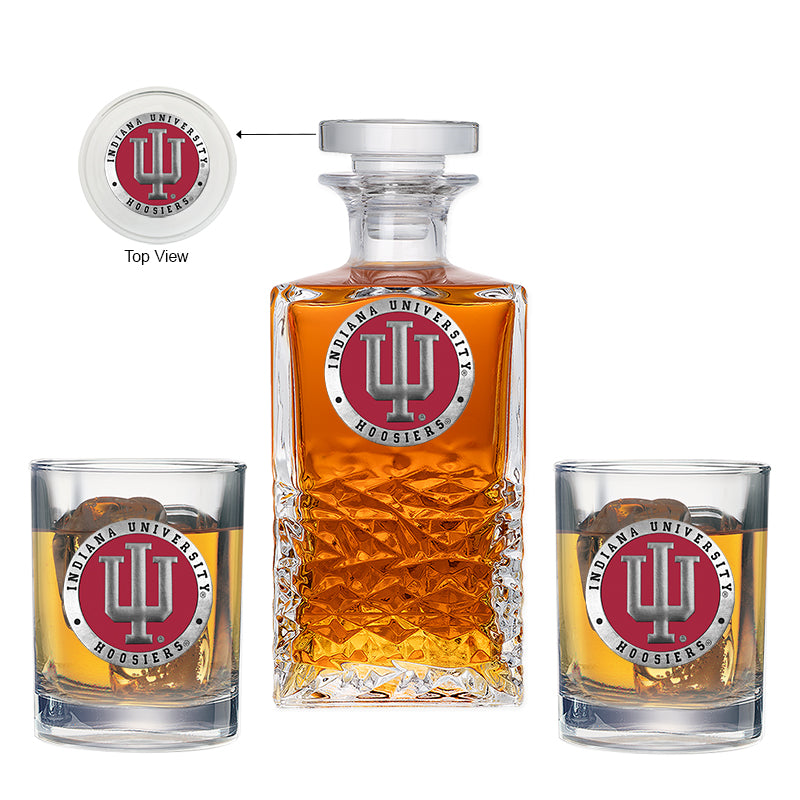 Indiana University decanter and glasses with logo on a white background