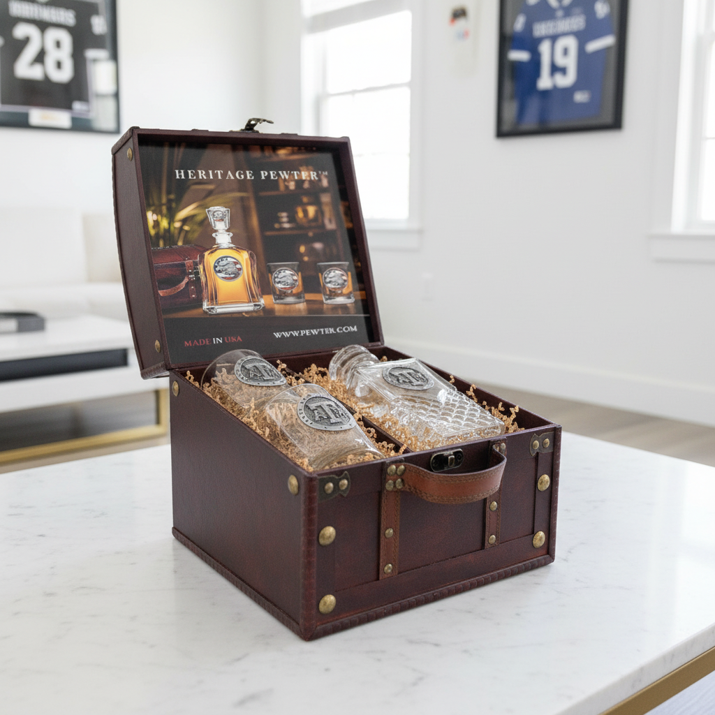 Texas A&M University Heritage Decanter and 2 Glasses with Chest Box