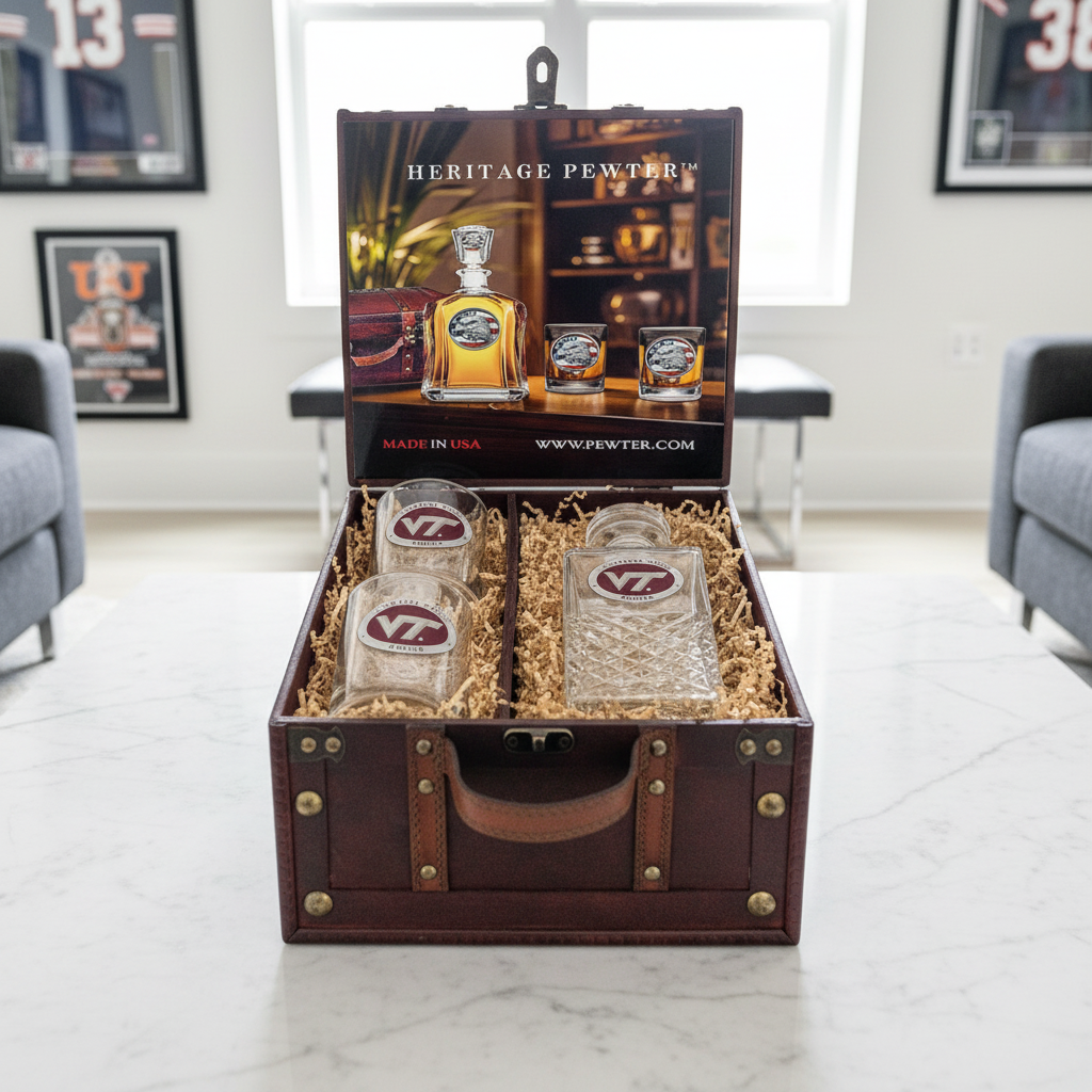 Virginia Tech University VT Logo Heritage Decanter and 2 Glasses with Chest Box