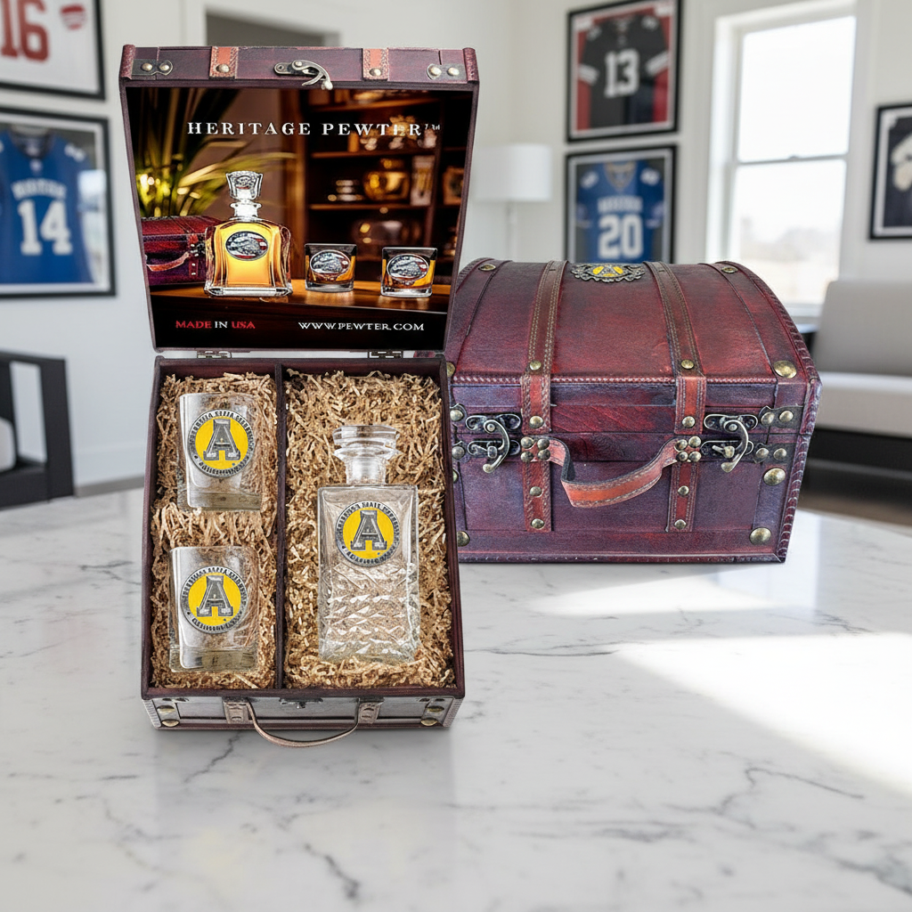 Appalachian State University Heritage Decanter and 2 Glasses with Chest Box