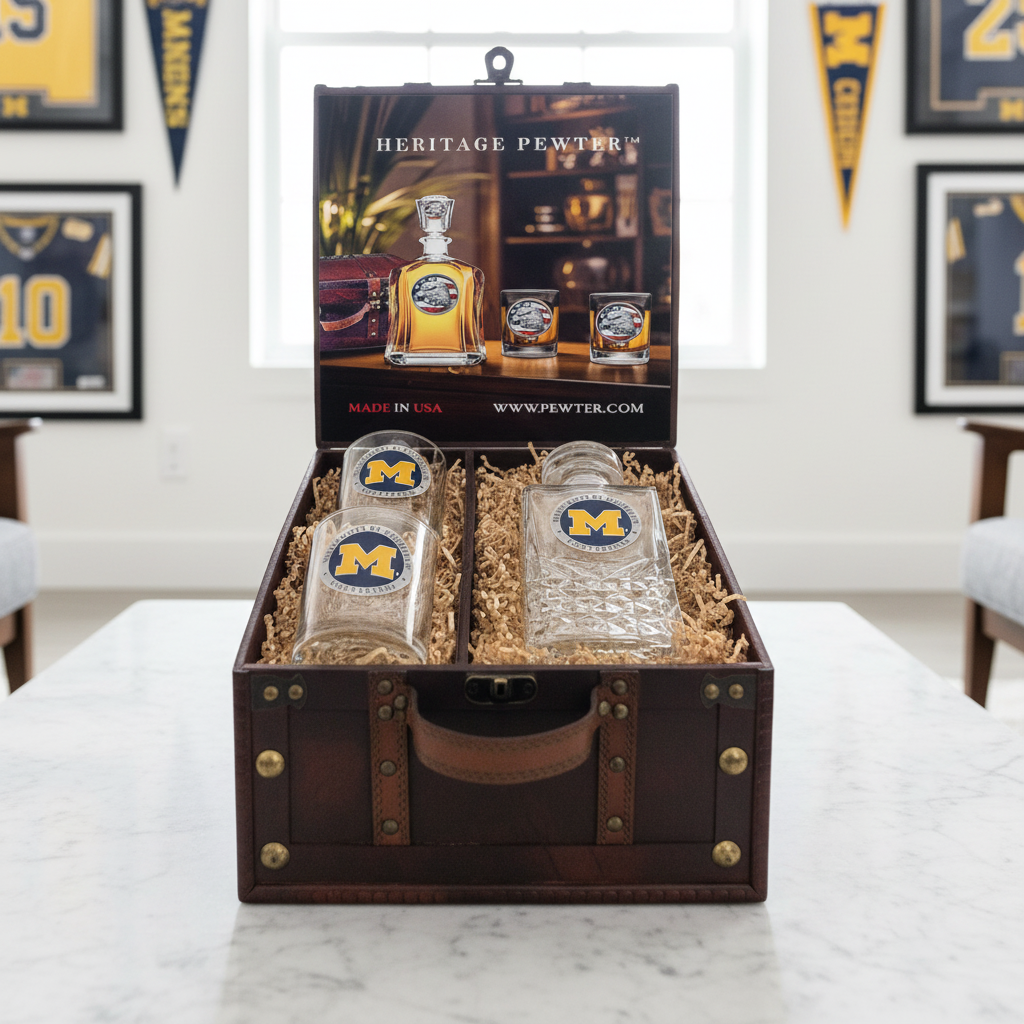 University of Michigan Heritage Decanter and 2 Glasses with Chest Box