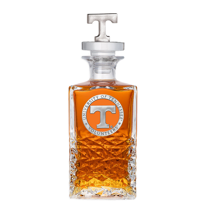 Glass decanter with Tennessee Volunteers logo on a white background