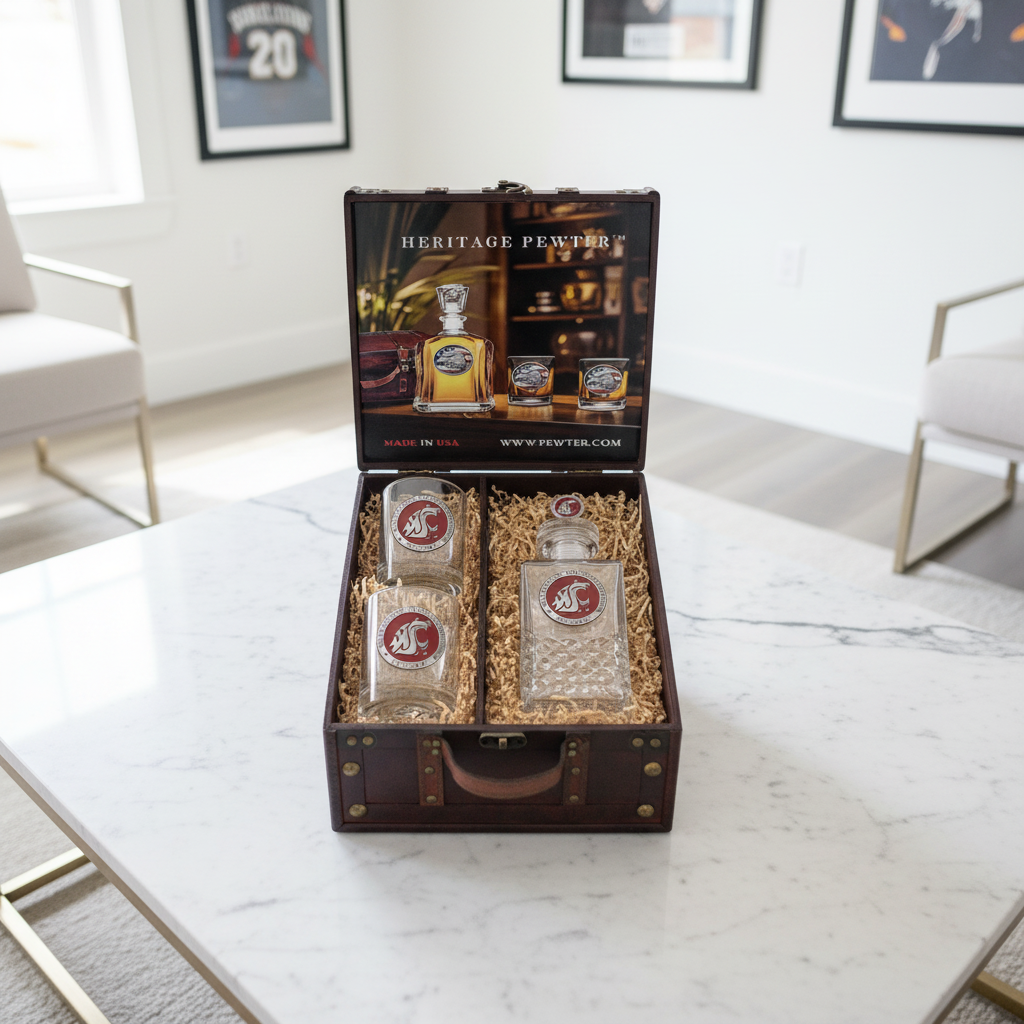 Washington State University Heritage Decanter with 3D Top and 2 Glasses with Chest Box