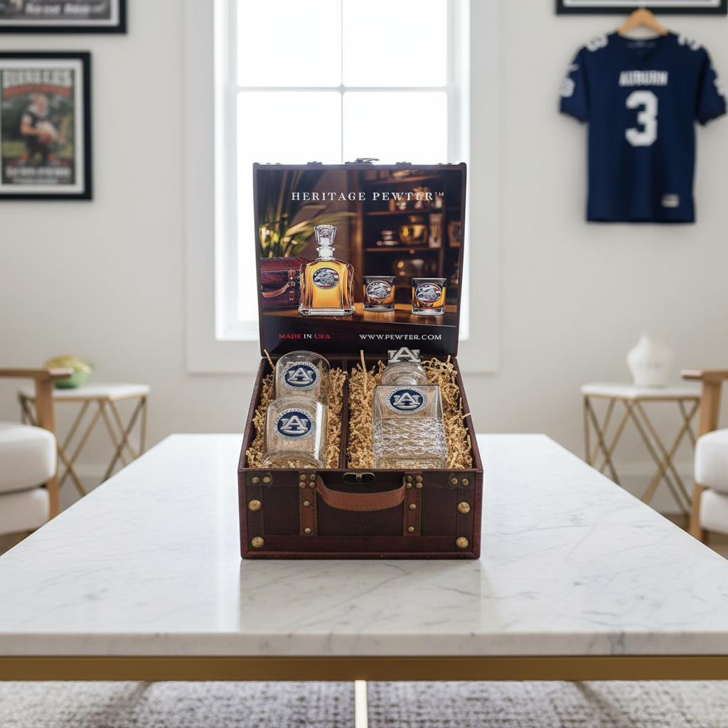 Auburn University Heritage Decanter with 3D Top and 2 Glasses with Chest Box