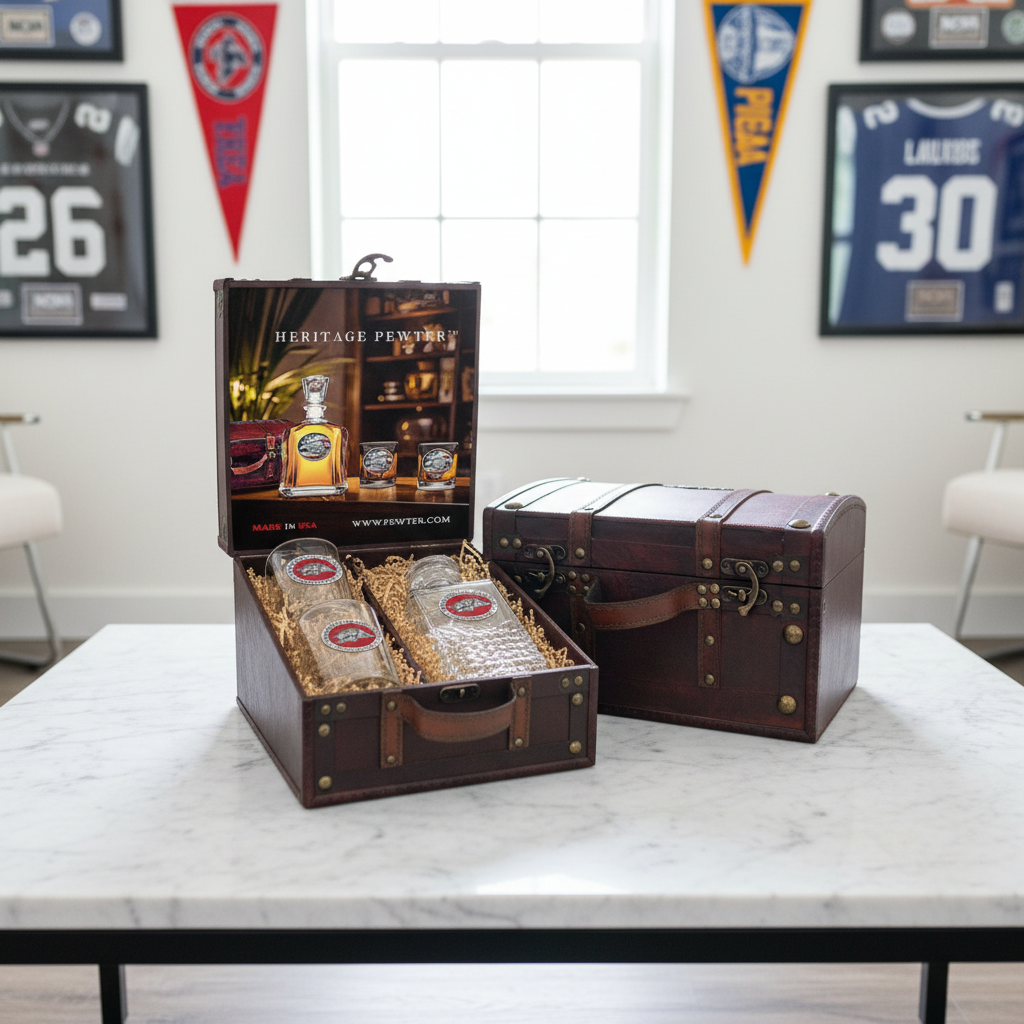 University of Arkansas Heritage Decanter with 3D Top Razorbacks and 2 Glasses with Chest Box