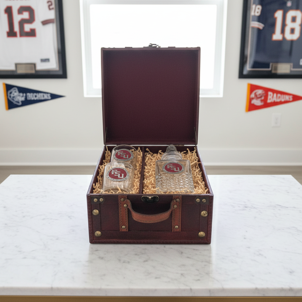 Florida State University FSU Logo Heritage Decanter with 3D Chief Osceola and 2 Glasses with Chest Box