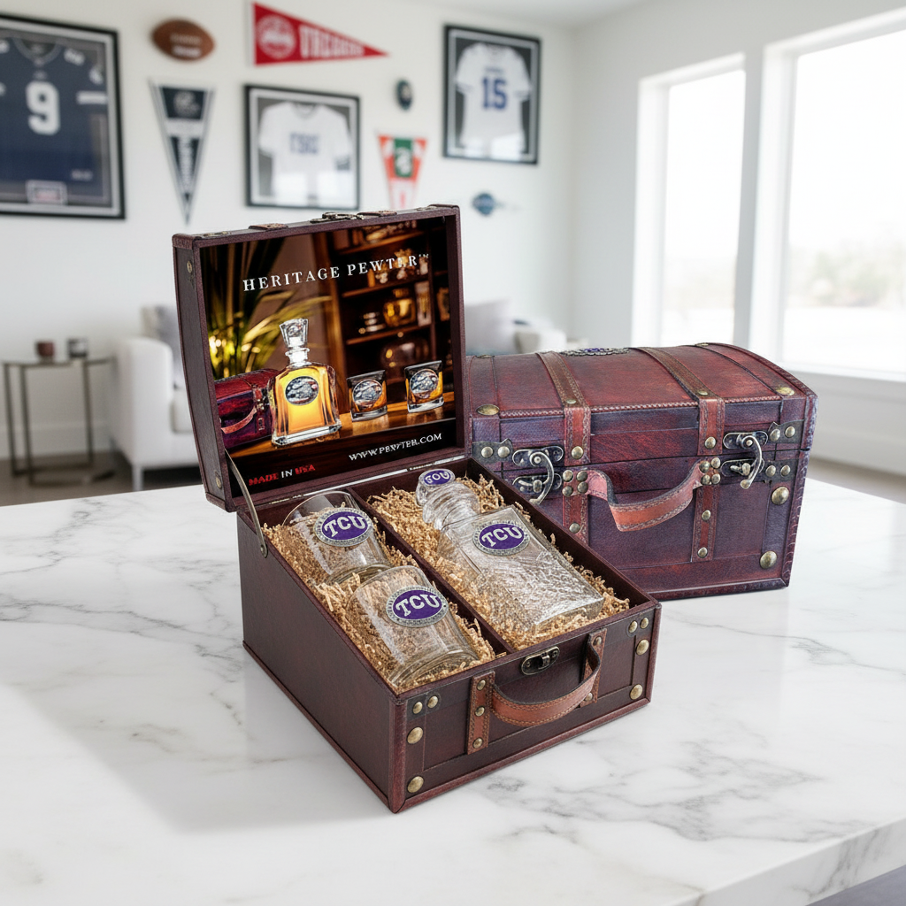 Texas Christian University TCU Heritage Decanter with 3D Top and 2 Glasses with Chest Box