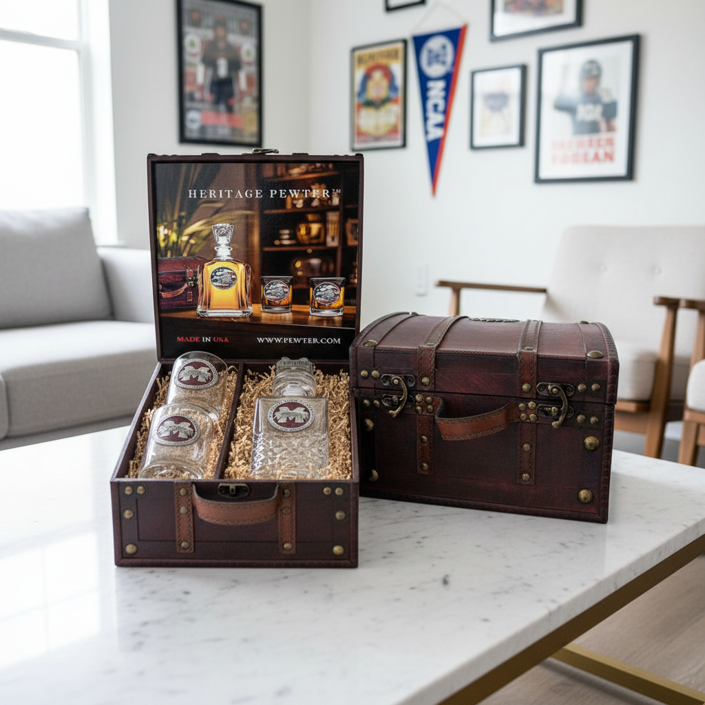 Mississippi State University Bulldogs "M" Logo Heritage Decanter with 3D Top M-State and 2 Glasses with Chest Box