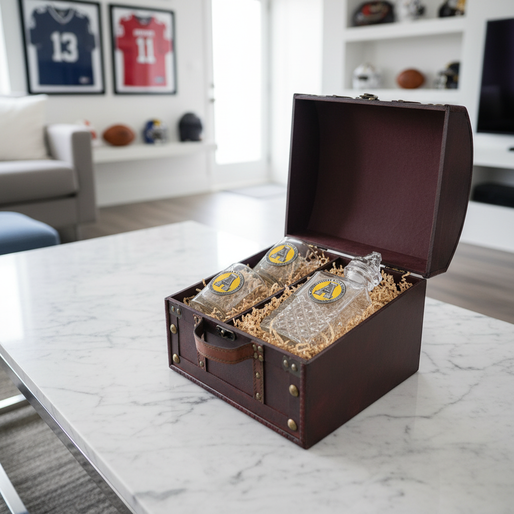 Appalachian State University Heritage Decanter with 3D Top and 2 Glasses with Chest Box in a decorative wooden box on a marble surface with sports-themed decor in the background.