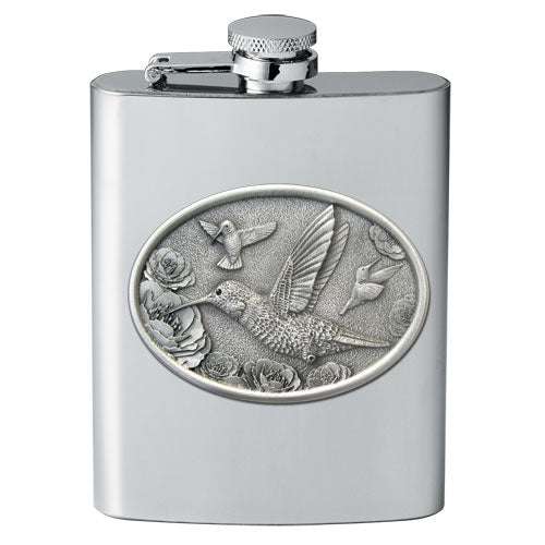 Hummingbird 8oz Stainless Steel Flask - Fine Pewter Nature Casting - Made in USA