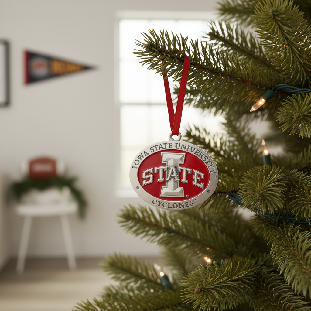 Iowa State University Cyclones ornament with red ribbon on a white background