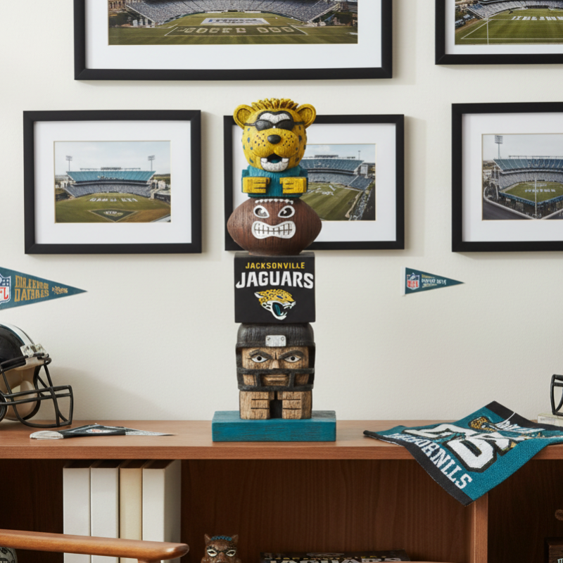 Jaguars-themed totem with footballs and a helmet on a desk with framed stadium photos in the background.
