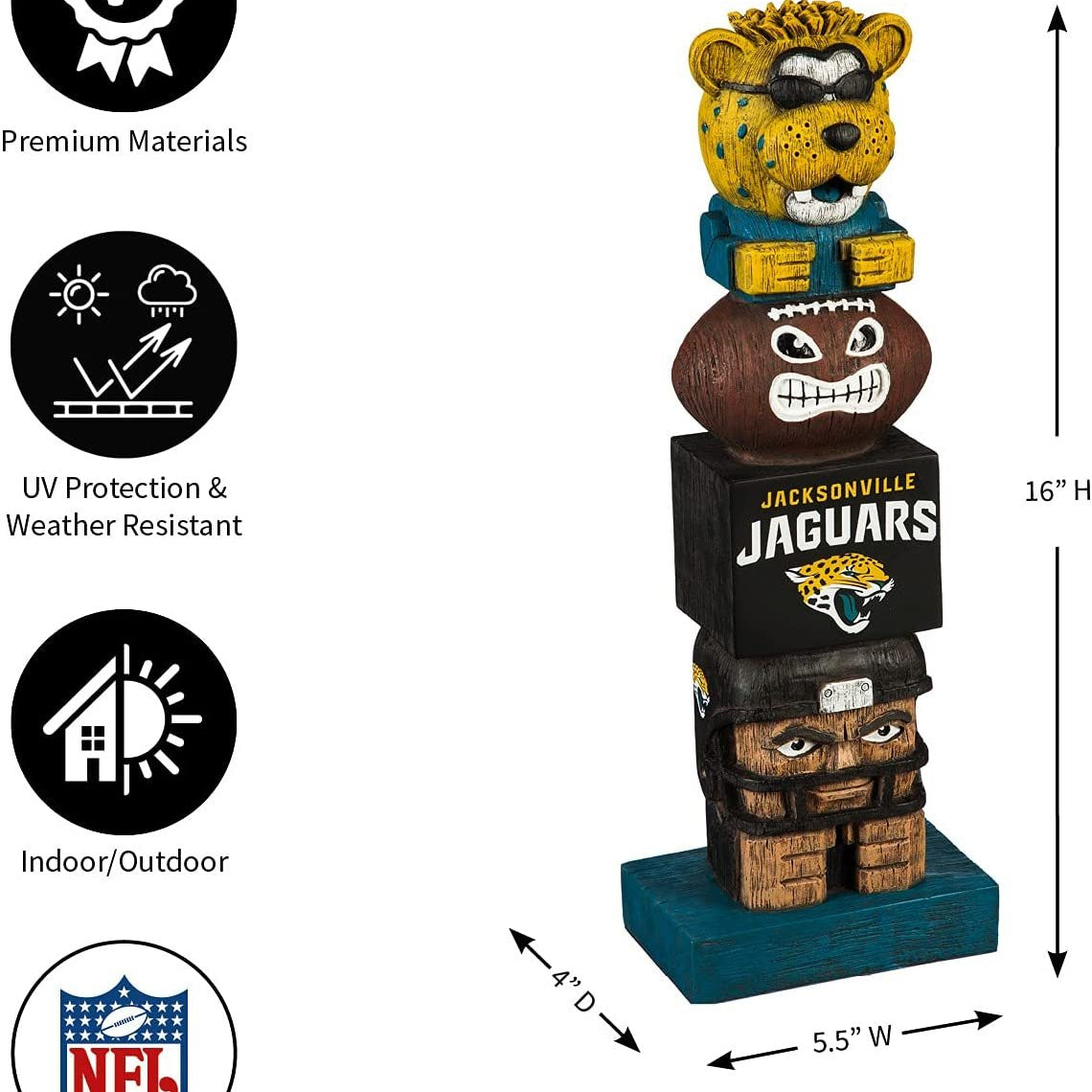 Tiki statue with Jacksonville Jaguars logo and NFL branding, featuring dimensions and material properties.