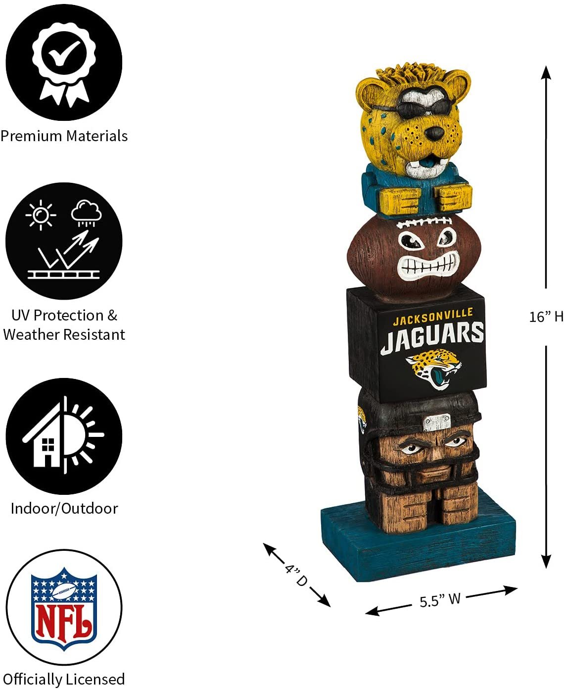 Tiki statue with Jacksonville Jaguars logo and NFL branding, featuring dimensions and material properties.