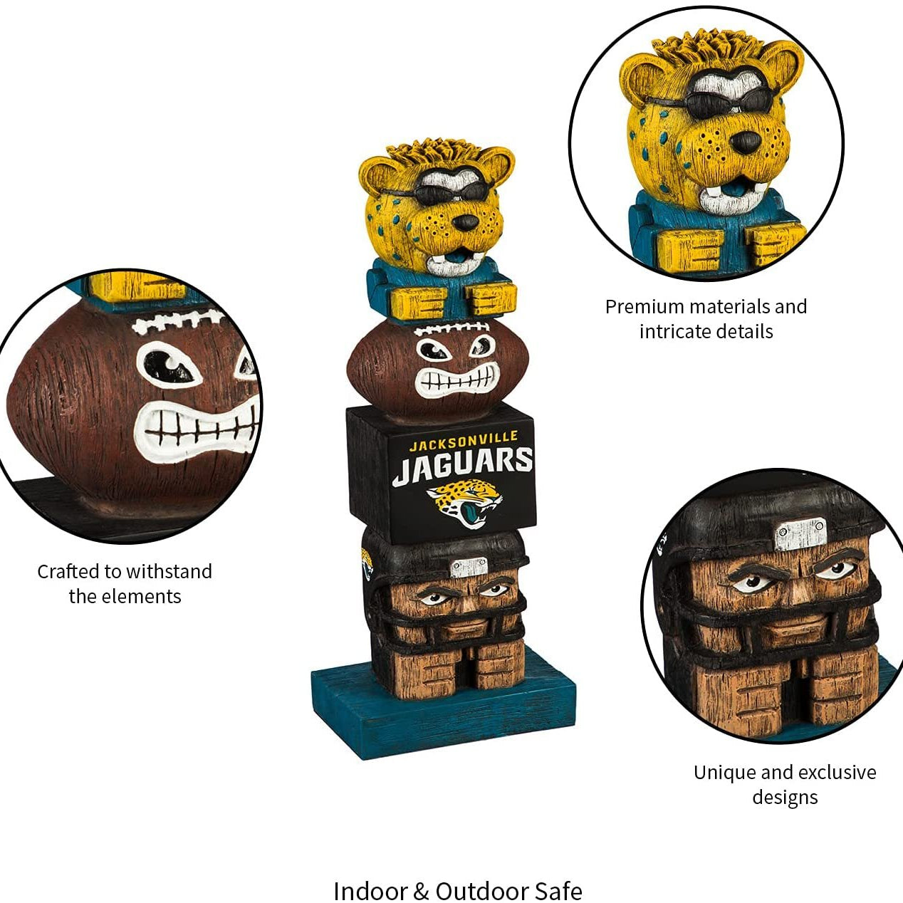 Jacksonville Jaguars totem pole with bear figure, football, and unique designs on a white background.