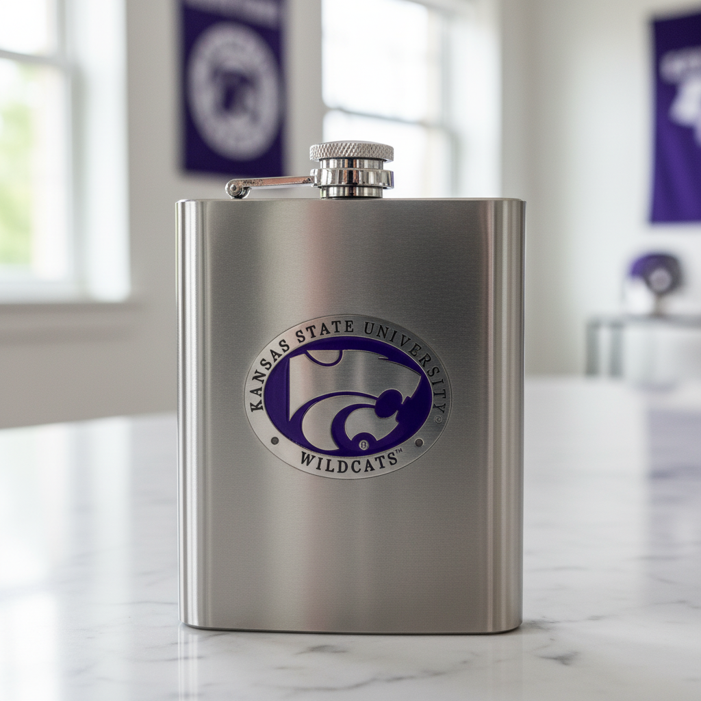 Stainless steel flask with Kansas State University Wildcats logo on a marble surface.