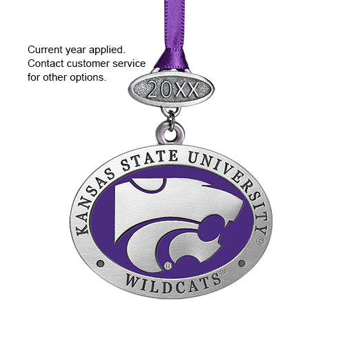 Kansas State University Wildcats ornament with purple ribbon on a white background