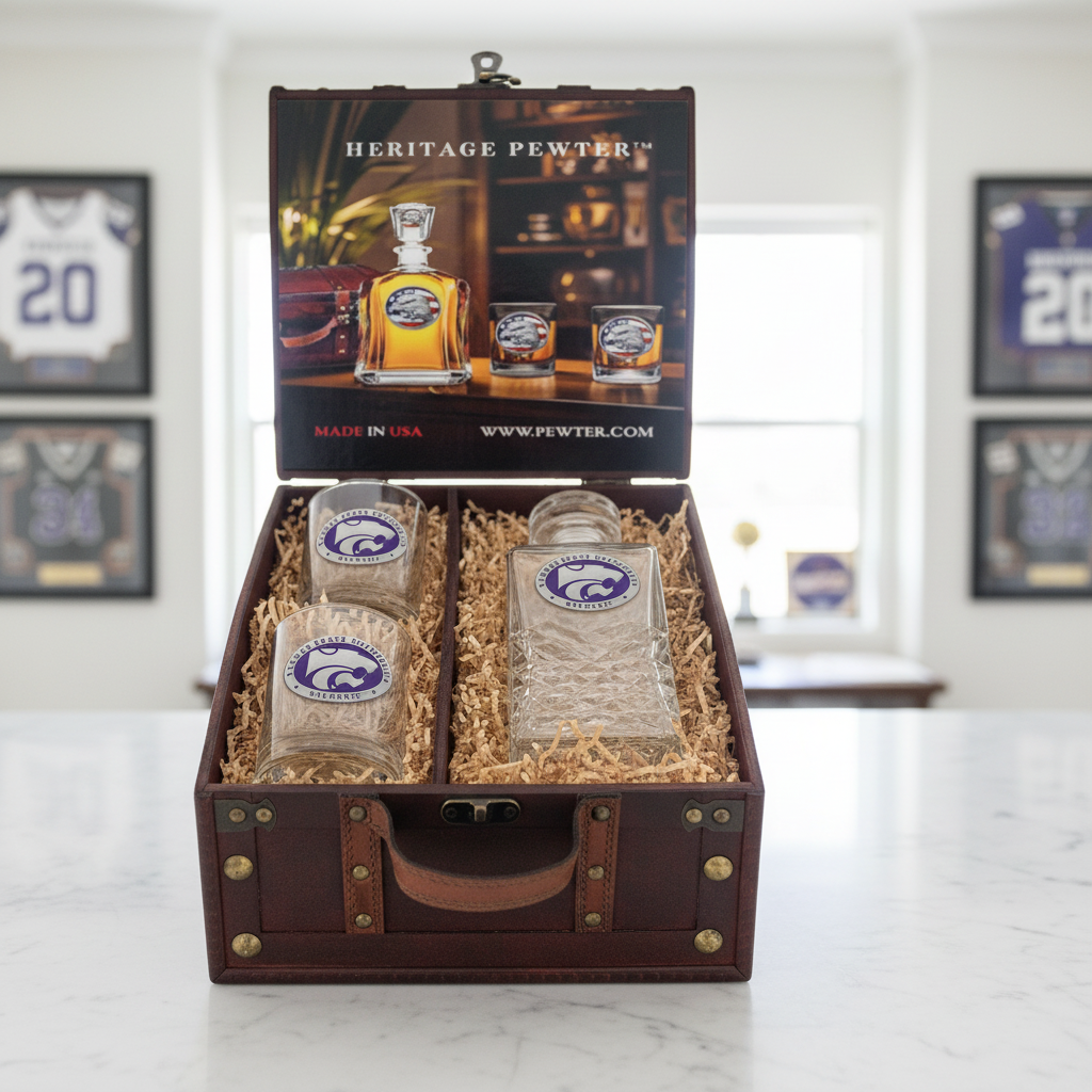 Kansas State Wildcats Decanter Set w/ 2 Glasses & Large Chest Box - Made in USA