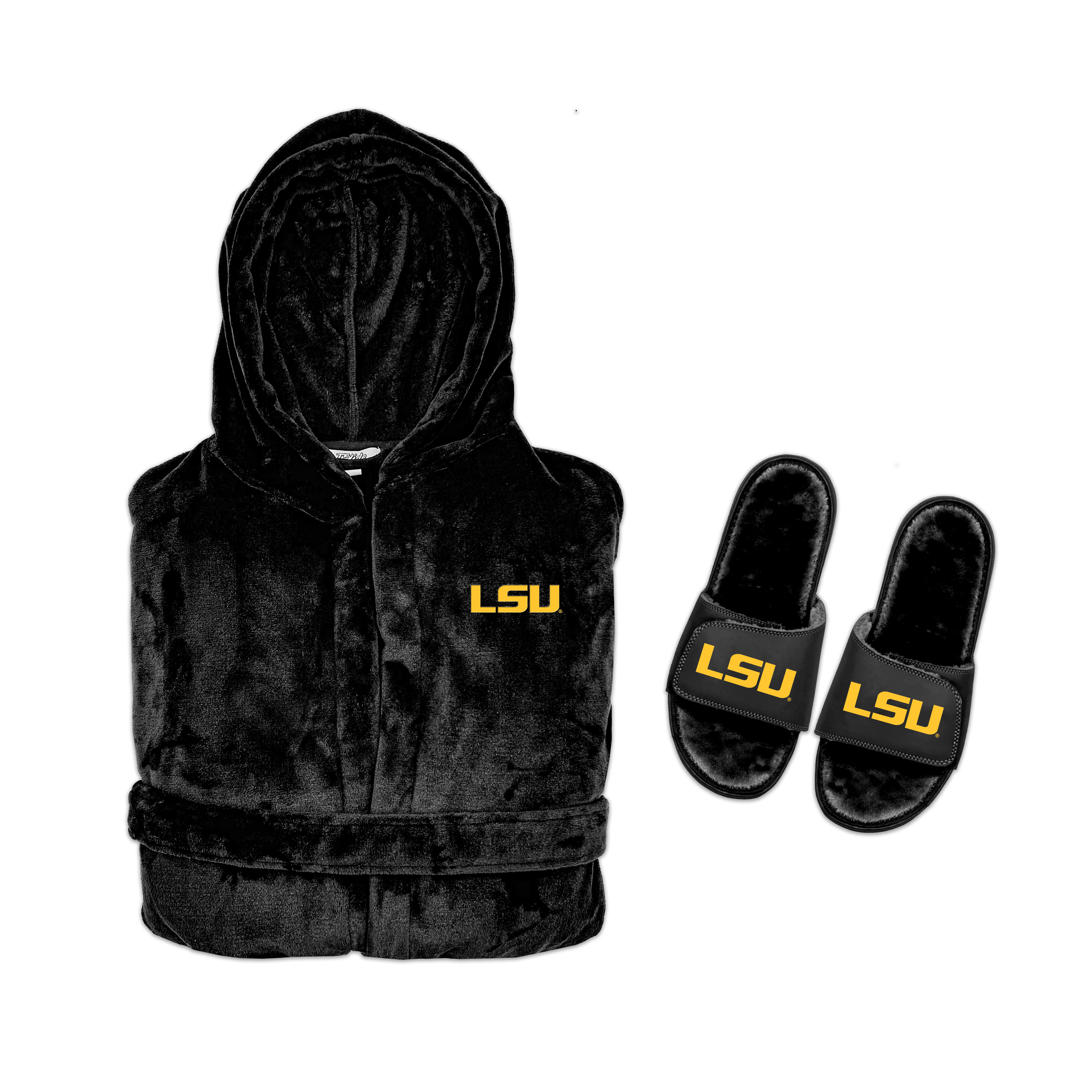 Black vest and slides with LSU logo on a white background