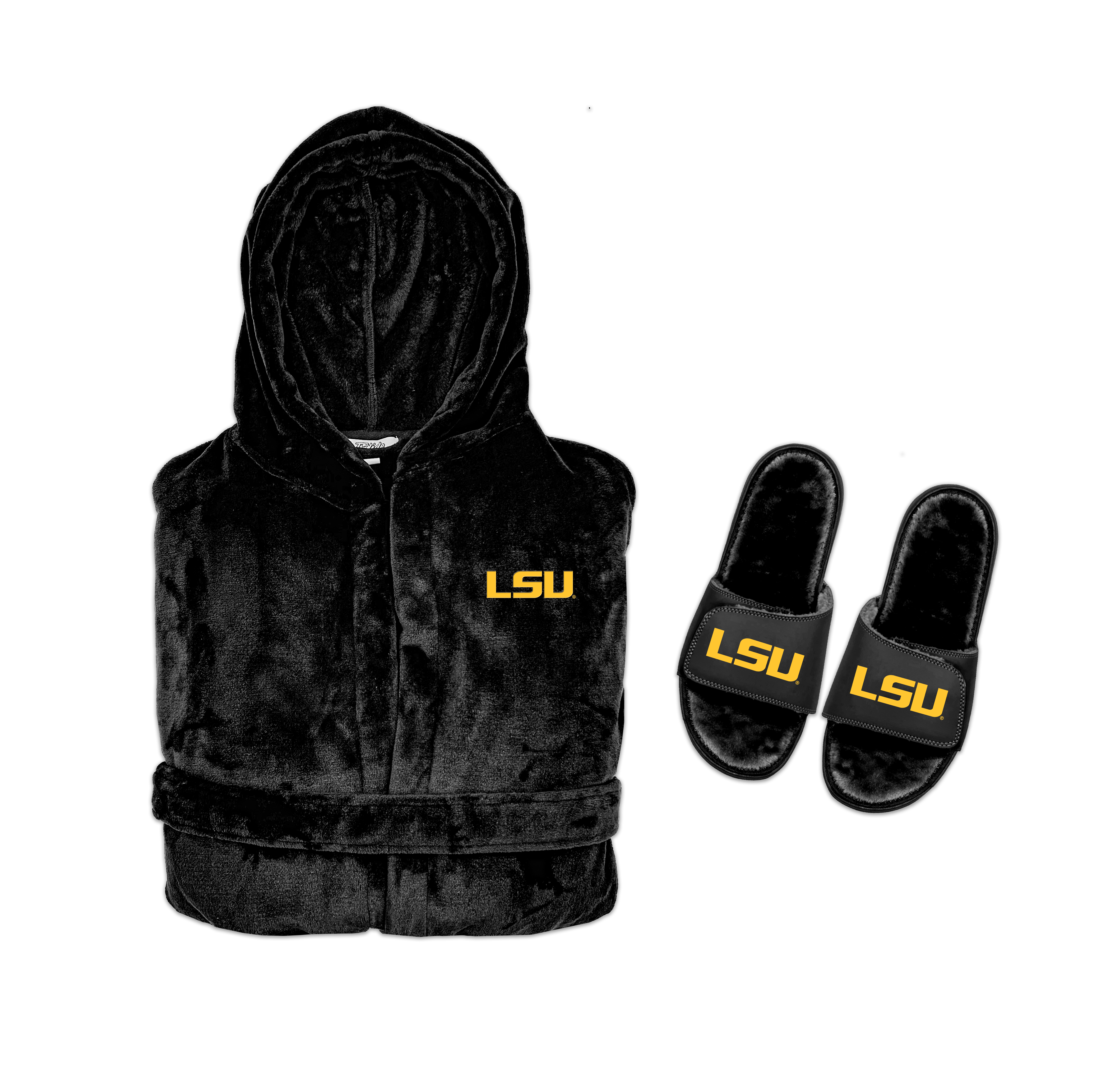 Black vest and slides with LSU logo on a white background