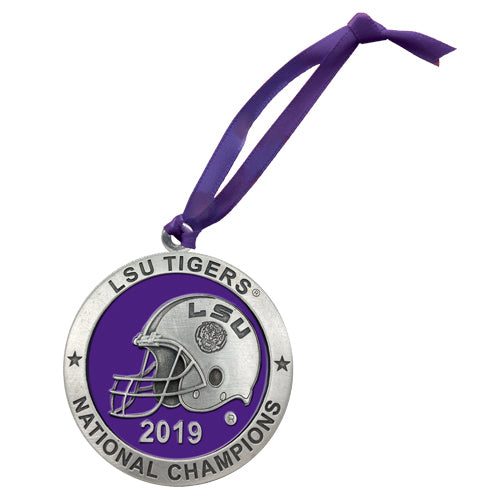 LSU Tigers 2019 national champions ornament with helmet design on a purple background