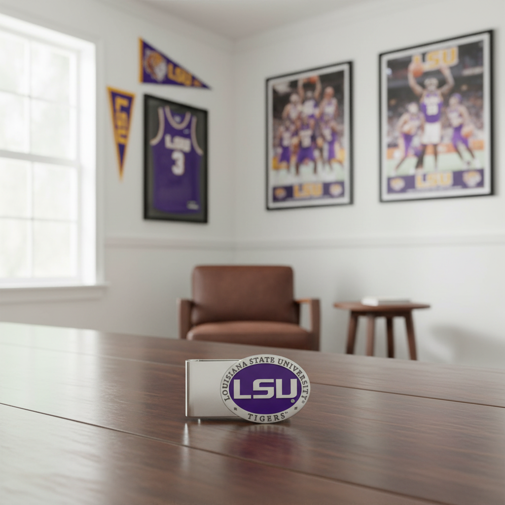 LSU Tigers money clip in a black display case on a white background