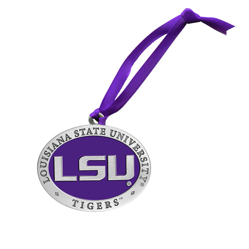 LSU Tigers ornament with purple ribbon on a white background