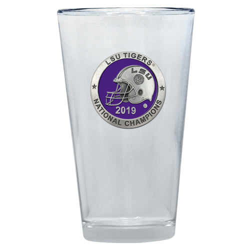Clear glass with LSU Tigers national champions emblem on a white background