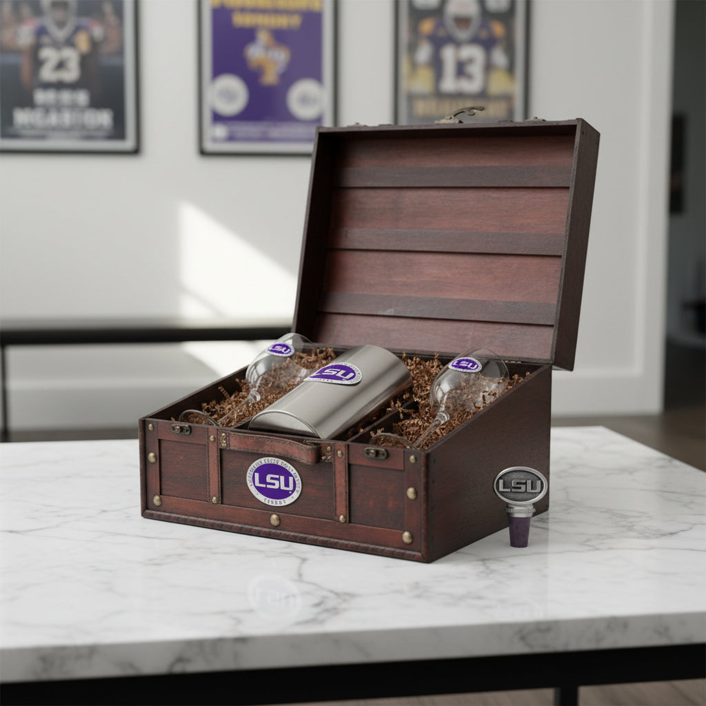 LSU-themed gift set with tumblers, glasses, and a bottle stopper in a wooden chest.