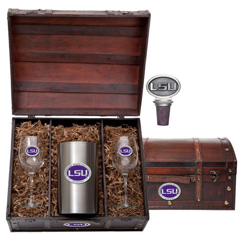 LSU-themed drinkware set in a wooden chest with glasses, tumbler, and bottle stopper.